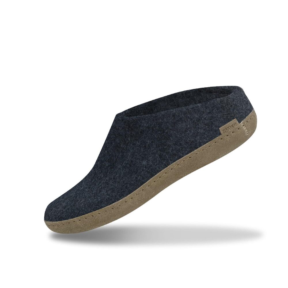 GLERUPS 100% QUALITY WOOL MIX SLIPPER WITH LEATHER SOLE - UNISEX SLIP-ON - DENIM
